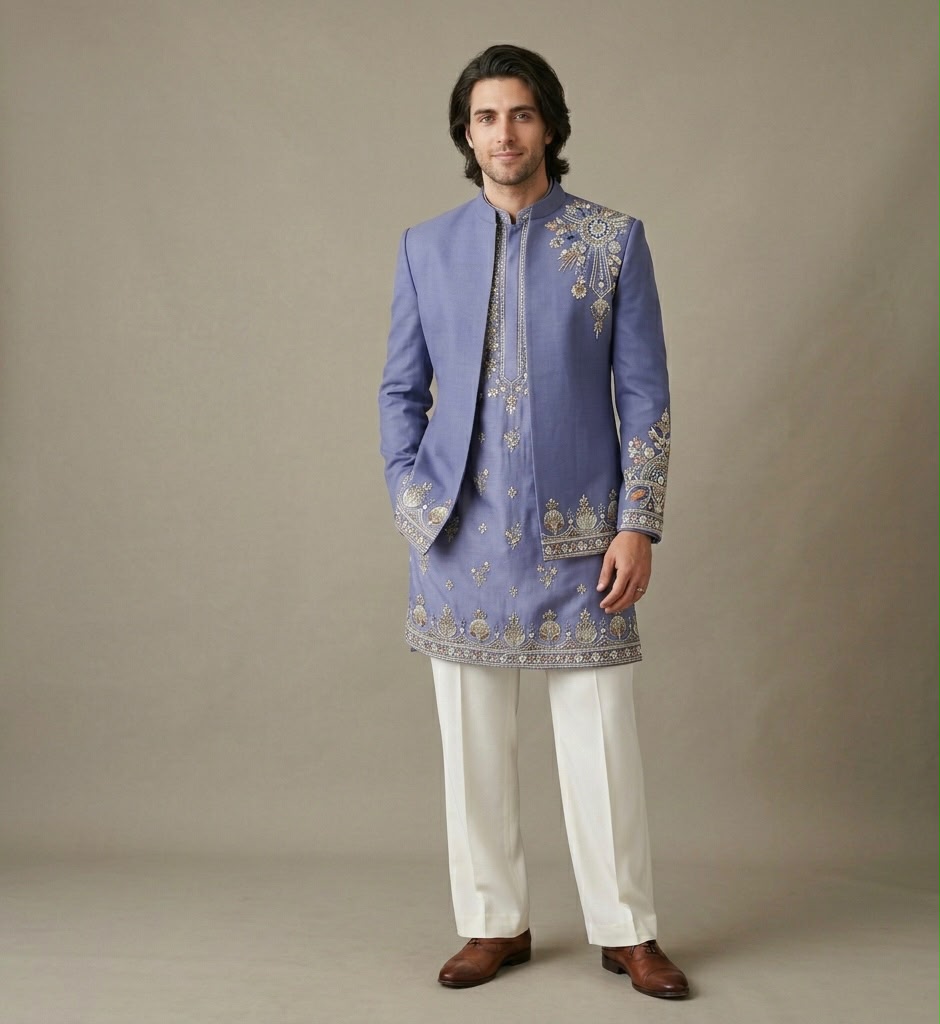 Luxury designer kurta jacket pant set featuring exquisite hand embroidery, premium craftsmanship, and elegant tailoring. A sophisticated ethnic ensemble crafted for weddings, festive celebrations, and special occasions.
