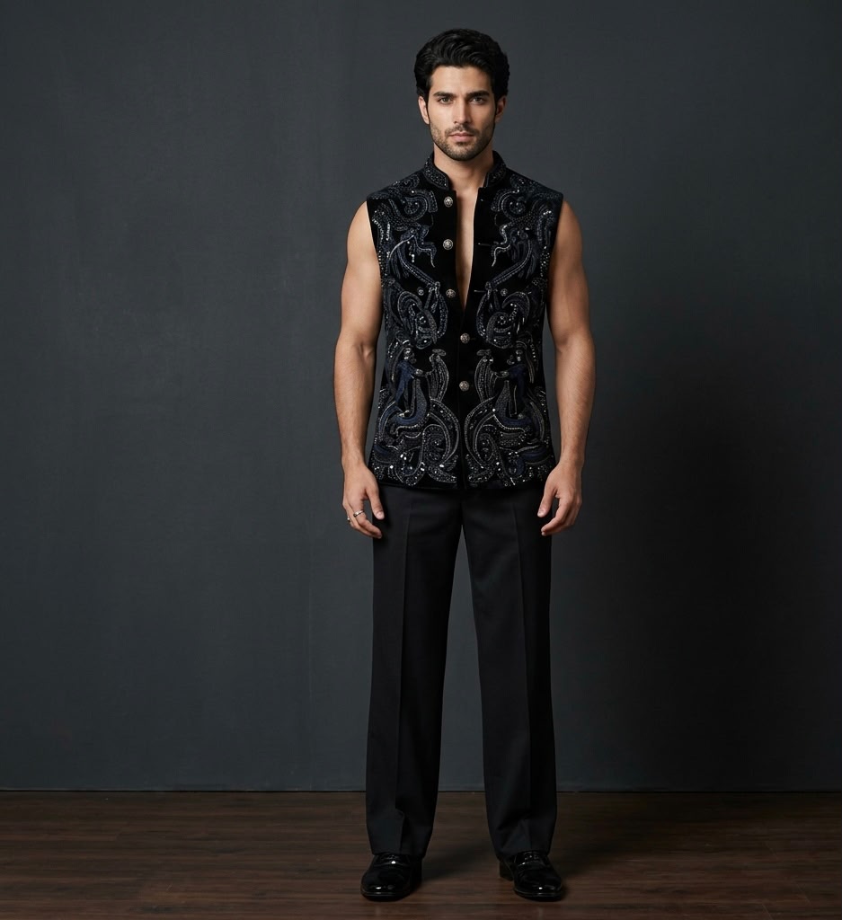 Luxury men's ethnic wear including designer Jodhpuri suits, embroidered kurta jacket pant sets, and bespoke wedding outfits. Crafted with premium fabrics and exceptional detailing for modern royal elegance.