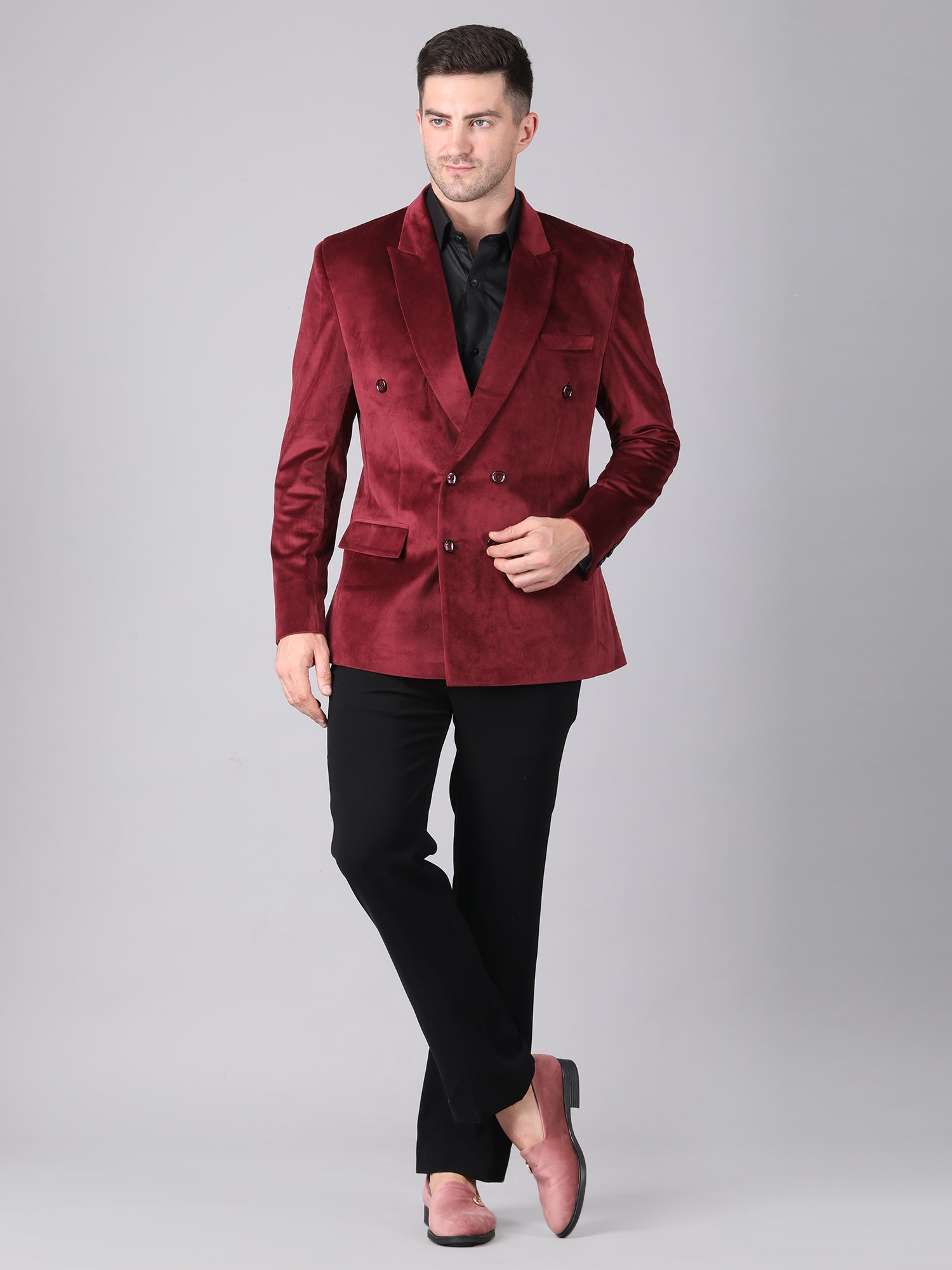 Royal Wine Velvet – Double-Breasted Suit with Black Pant