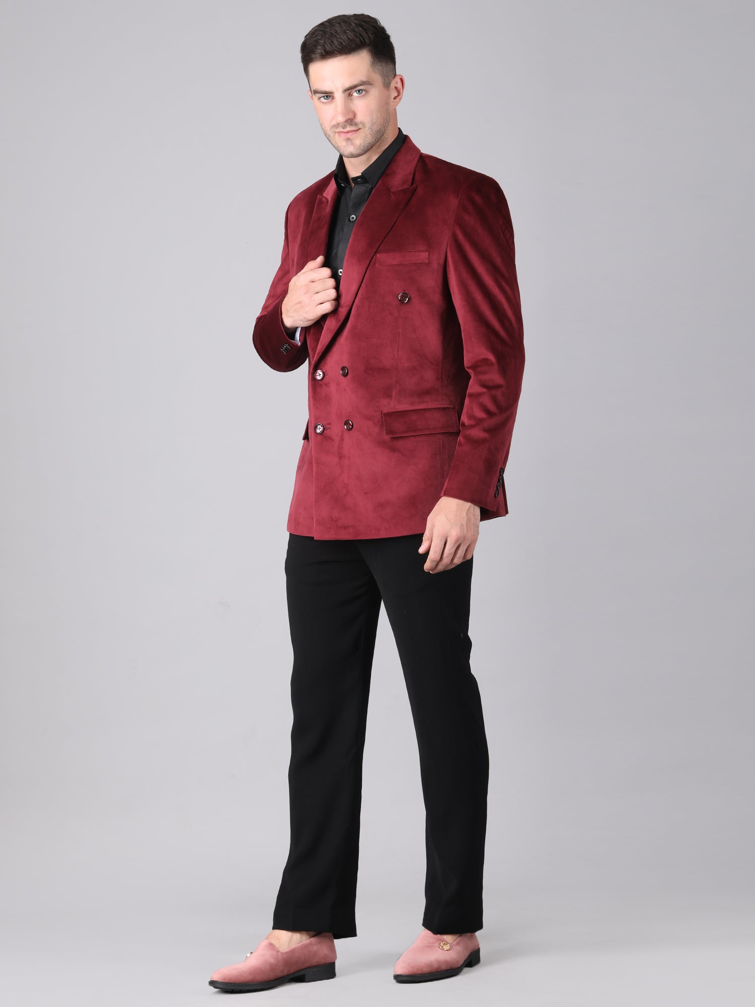 Royal Wine Velvet – Double-Breasted Suit with Black Pant