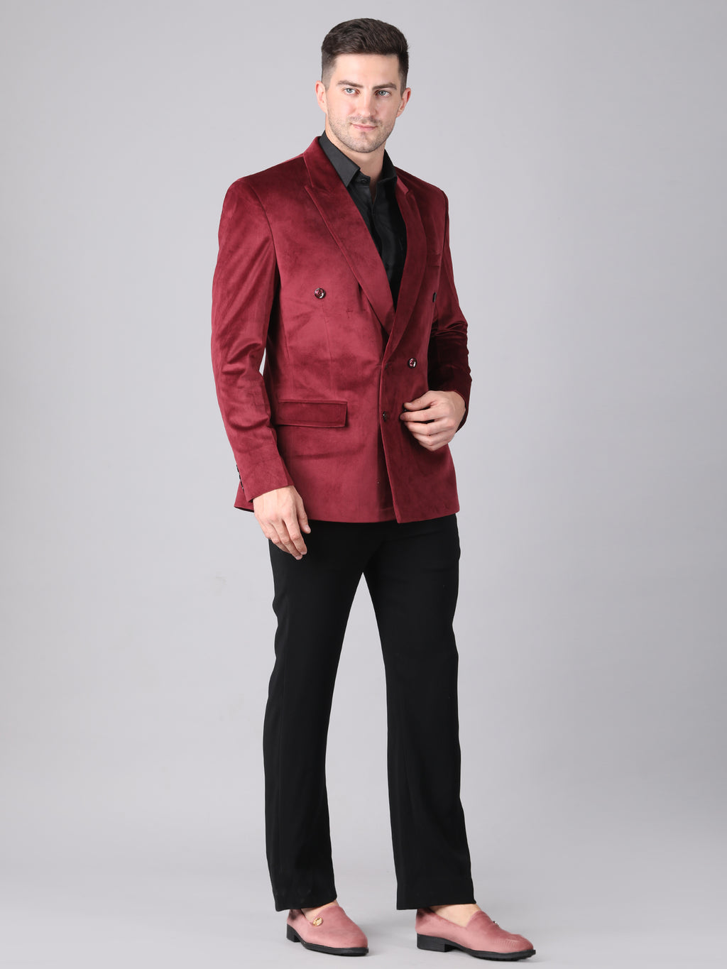 Royal Wine Velvet – Double-Breasted Suit with Black Pant