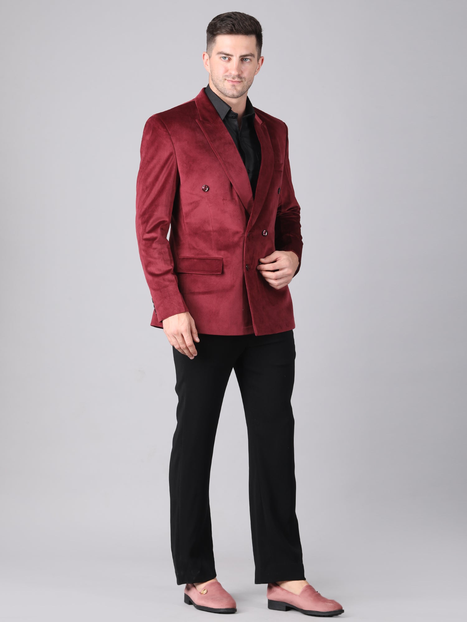 Royal Wine Velvet – Double-Breasted Suit with Black Pant