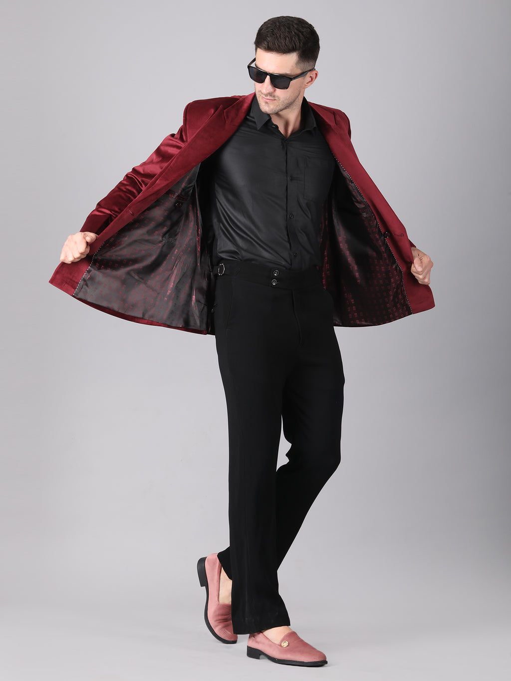 Royal Wine Velvet – Double-Breasted Suit with Black Pant