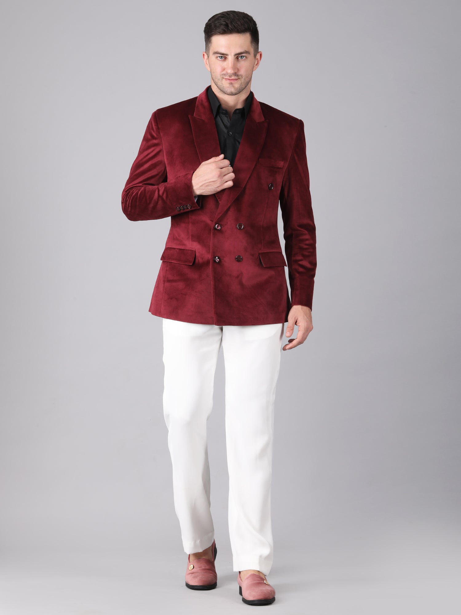 Royal Wine Velvet – Double-Breasted Suit with Black Pant