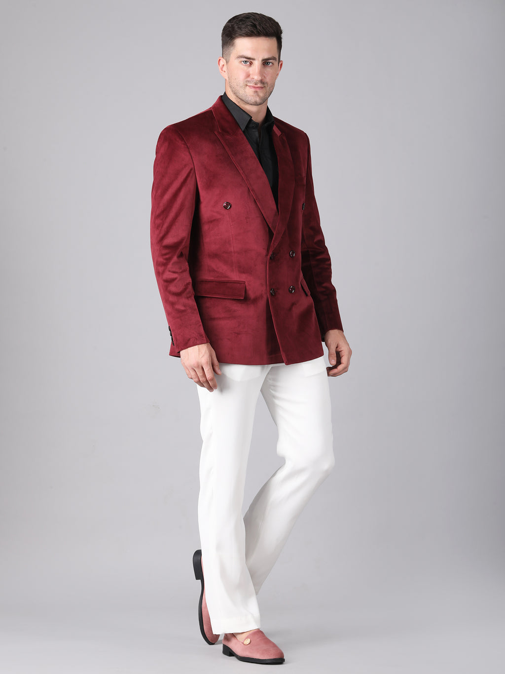 Royal Wine Velvet – Double-Breasted Suit with Black Pant