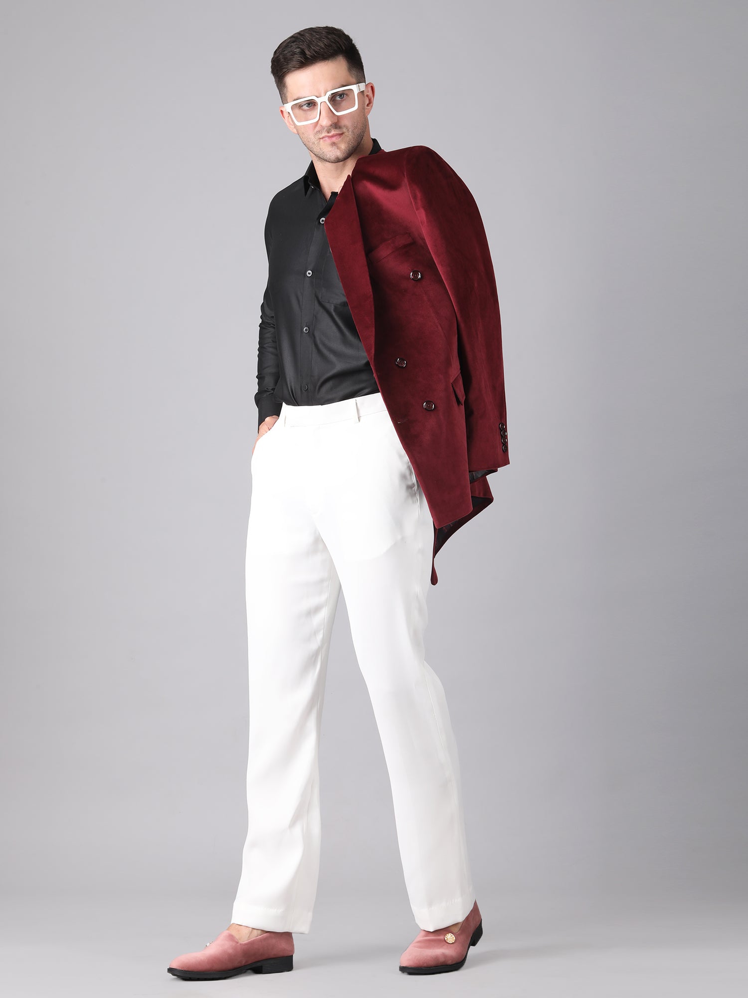 Royal Wine Velvet – Double-Breasted Suit with Black Pant
