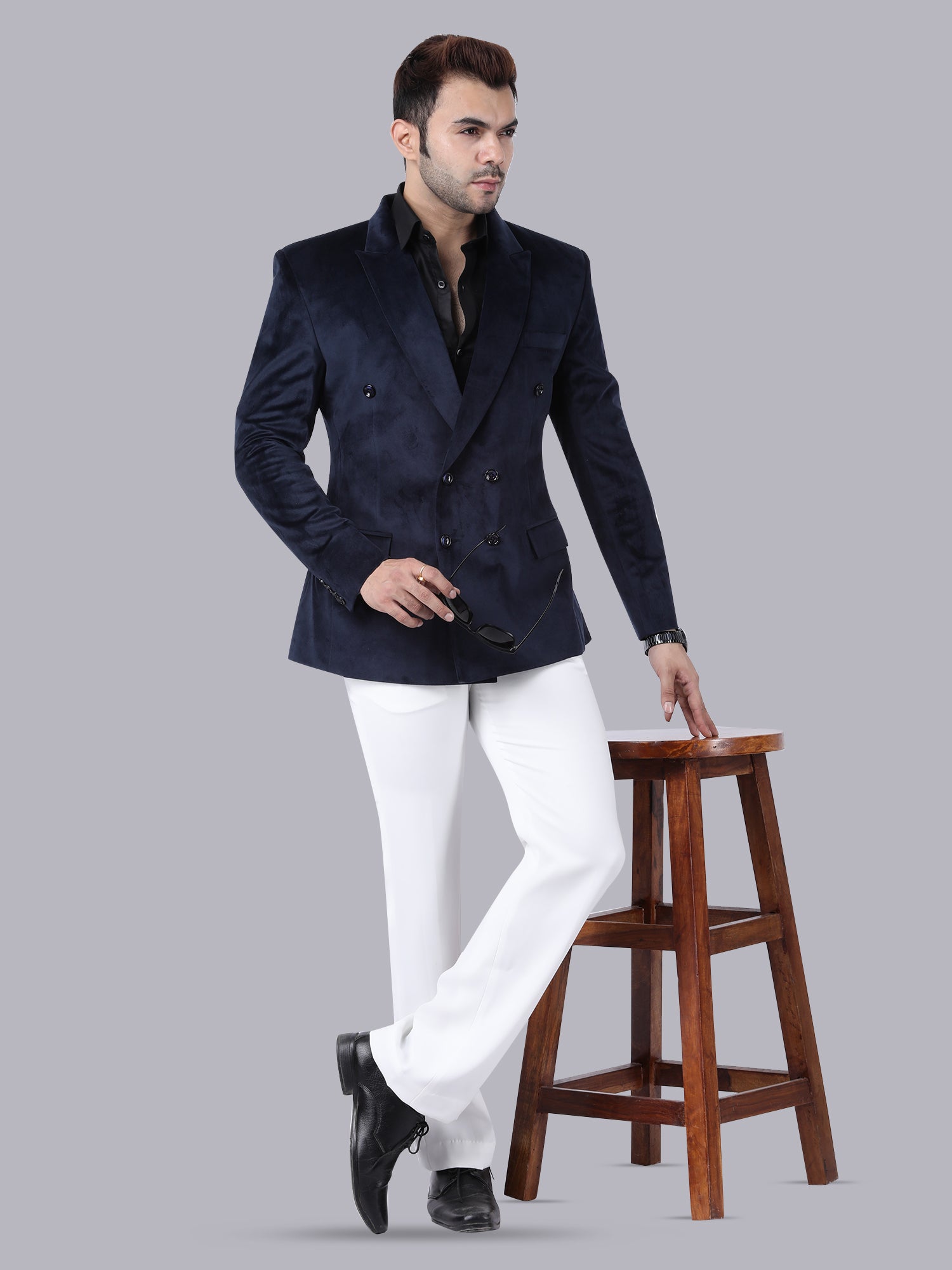 Luxury Blue Velvet Double-Breasted Suit with White Pant | Designer Formal & Party Wear by P&H by Priyanshu