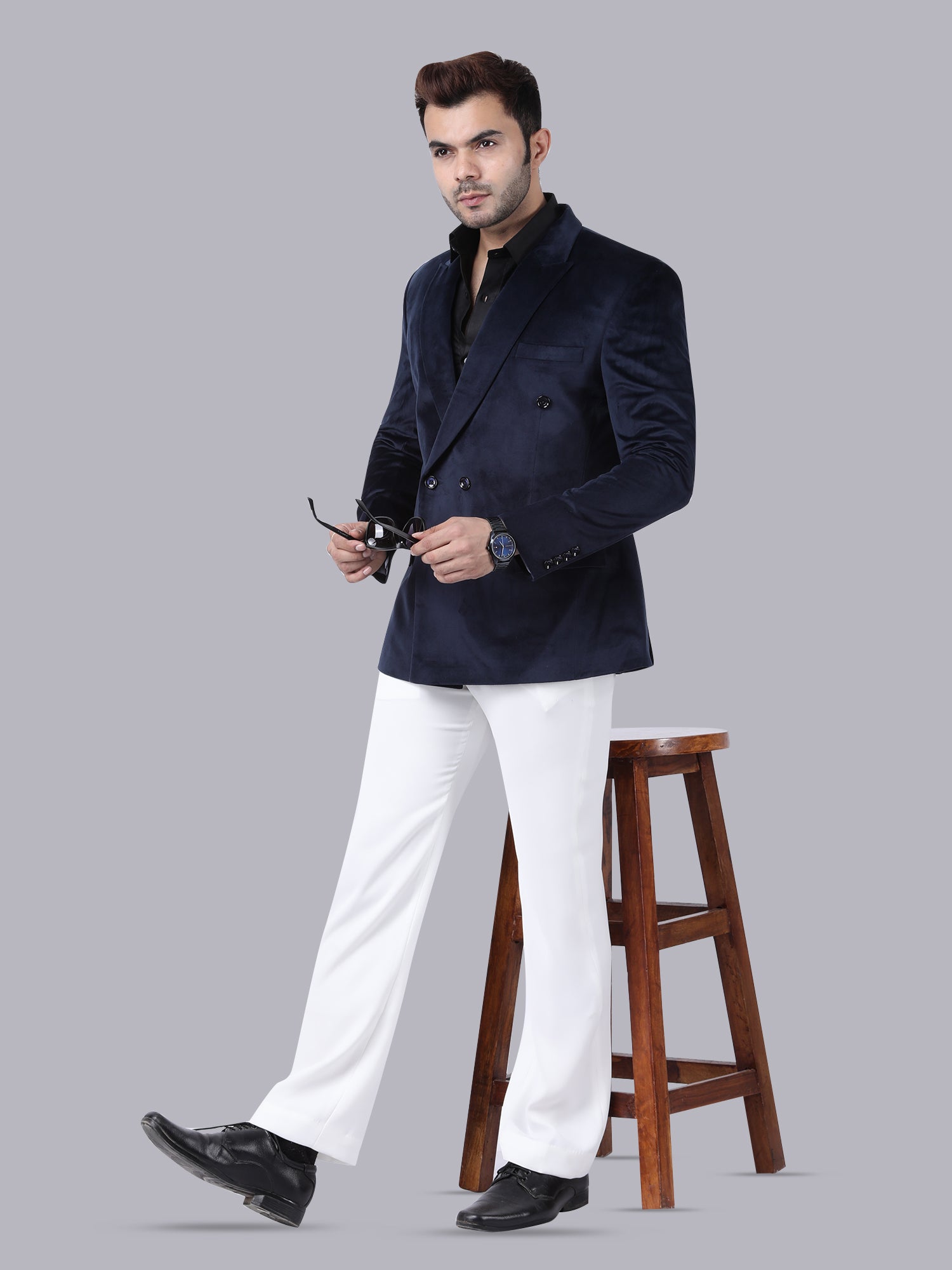 Luxury Blue Velvet Double-Breasted Suit with White Pant | Designer Formal & Party Wear by P&H by Priyanshu