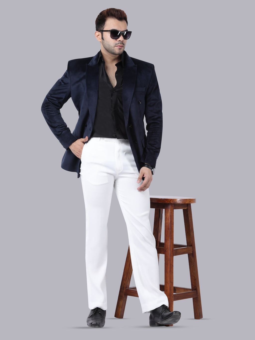 Luxury Blue Velvet Double-Breasted Suit with White Pant | Designer Formal & Party Wear by P&H by Priyanshu