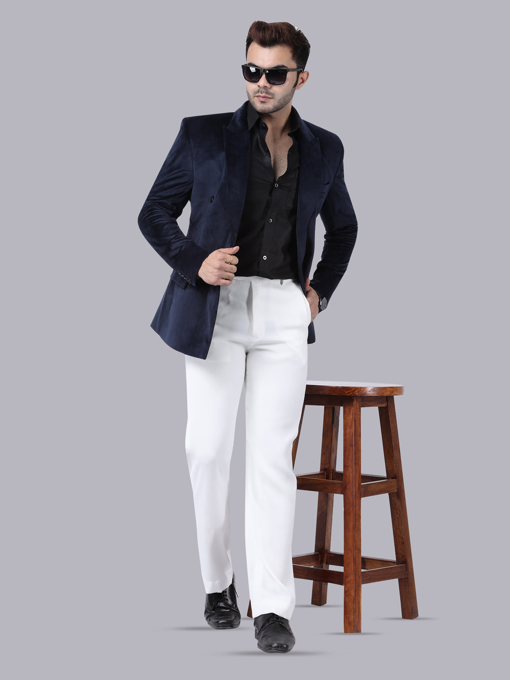 Luxury Blue Velvet Double-Breasted Suit with White Pant | Designer Formal & Party Wear by P&H by Priyanshu