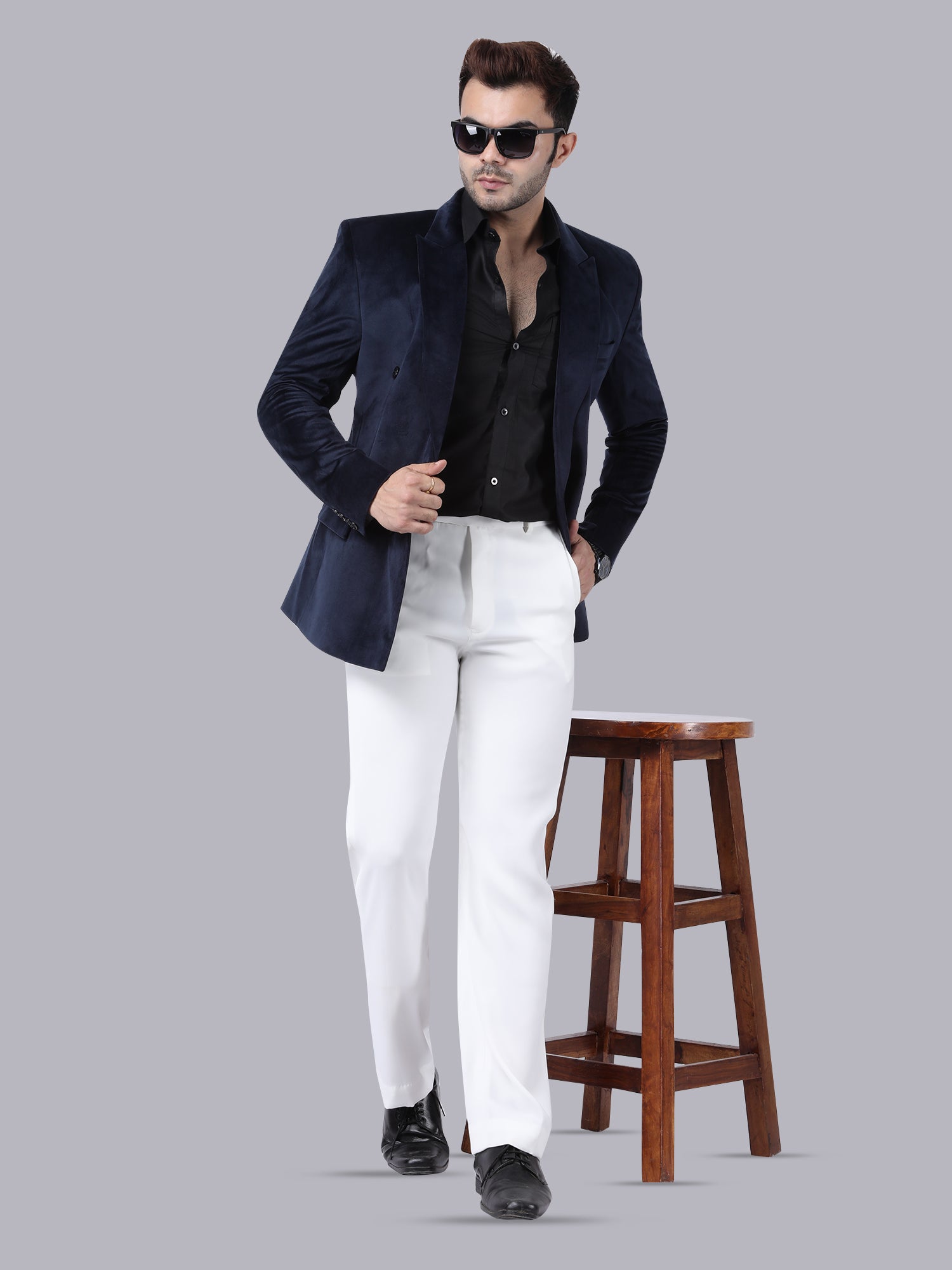 Luxury Blue Velvet Double-Breasted Suit with White Pant | Designer Formal & Party Wear by P&H by Priyanshu