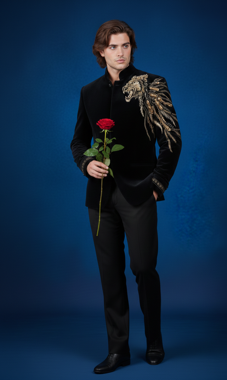 Luxury Black Velvet Lion Embroidered Jodhpuri Bandhgala Suit
