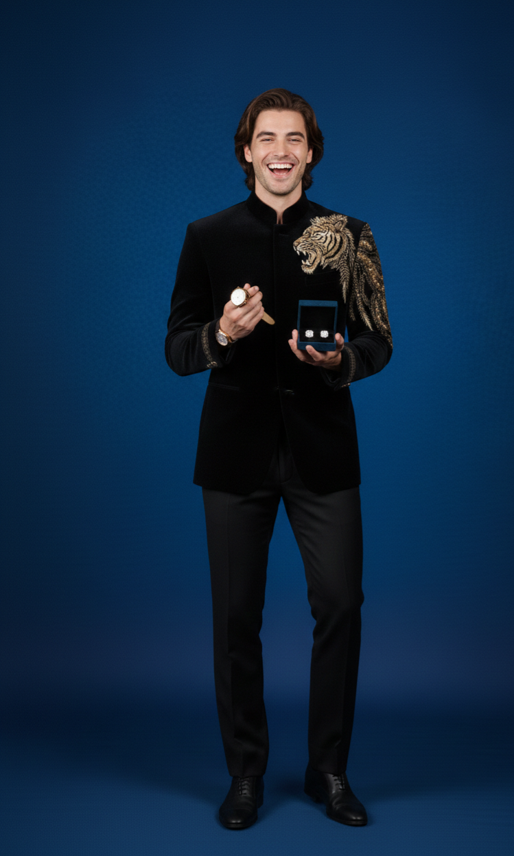 Luxury Black Velvet Lion Embroidered Jodhpuri Bandhgala Suit