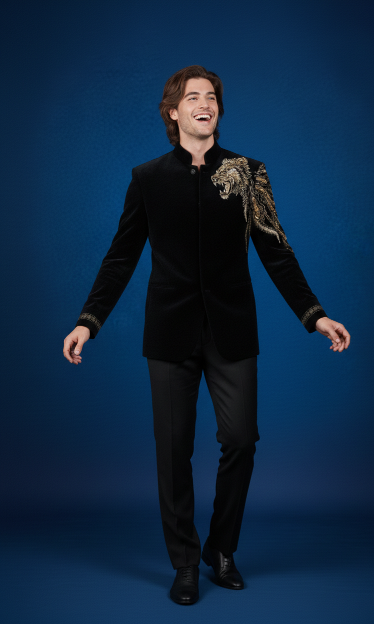 Luxury Black Velvet Lion Embroidered Jodhpuri Bandhgala Suit