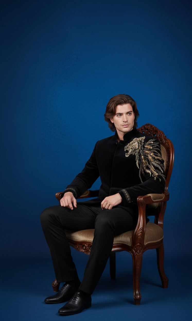 Luxury Black Velvet Lion Embroidered Jodhpuri Bandhgala Suit