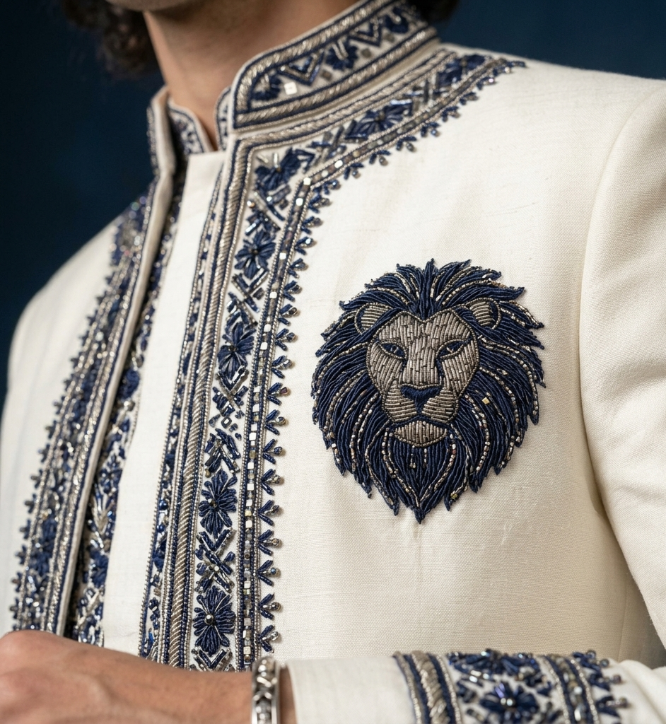 Luxury Ivory Kurta Jacket Set for Men | Lion Crest Embroidered Wedding Outfit | P&H BY PRIYANSHU