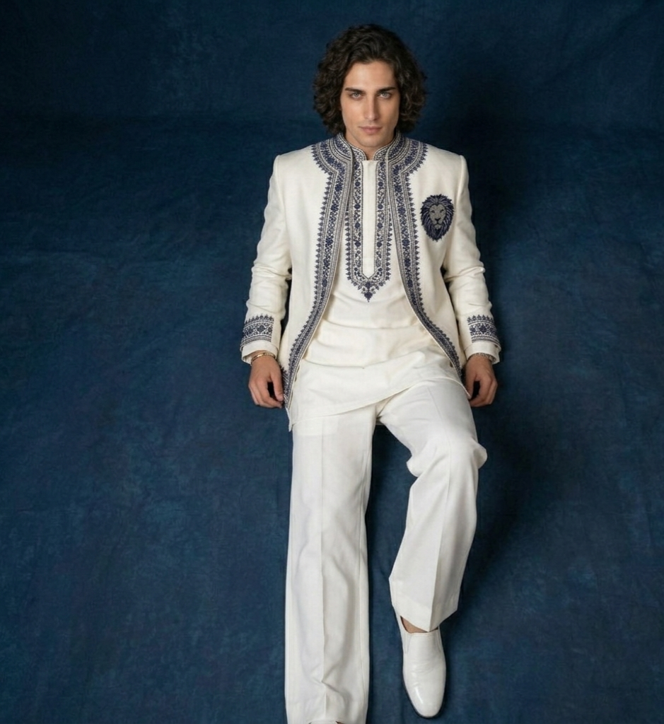 Luxury Ivory Kurta Jacket Set for Men | Lion Crest Embroidered Wedding Outfit | P&H BY PRIYANSHU
