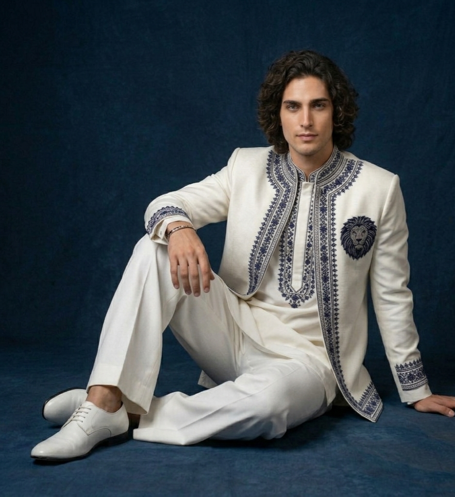 Luxury Ivory Kurta Jacket Set for Men | Lion Crest Embroidered Wedding Outfit | P&H BY PRIYANSHU