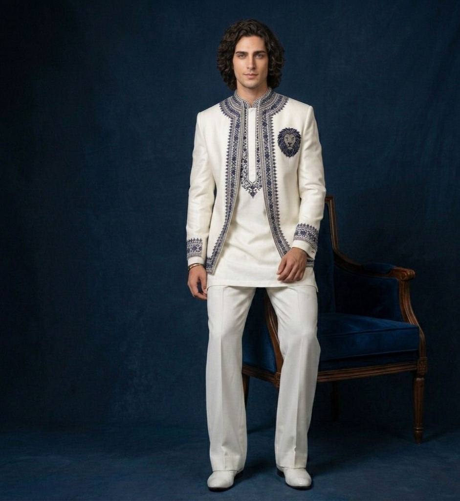 Luxury Ivory Kurta Jacket Set for Men | Lion Crest Embroidered Wedding Outfit | P&H BY PRIYANSHU