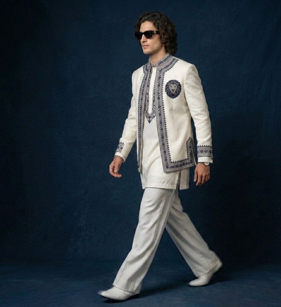 Luxury Ivory Kurta Jacket Set for Men | Lion Crest Embroidered Wedding Outfit | P&H BY PRIYANSHU