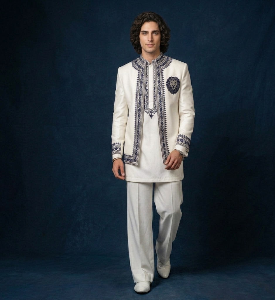 Luxury Ivory Kurta Jacket Set for Men | Lion Crest Embroidered Wedding Outfit | P&H BY PRIYANSHU