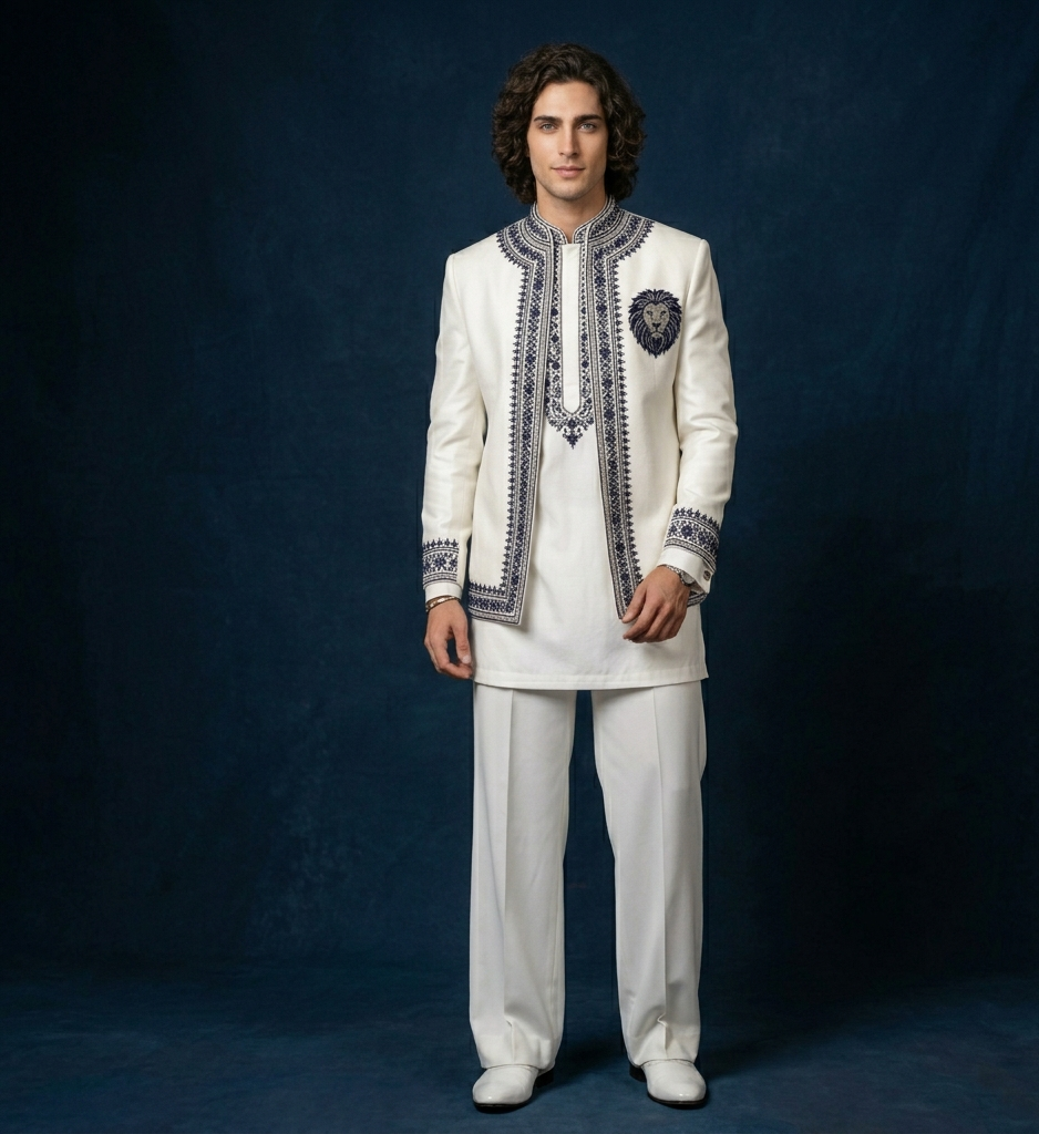 Man wearing a traditional embroidered white outfit against a dark blue background