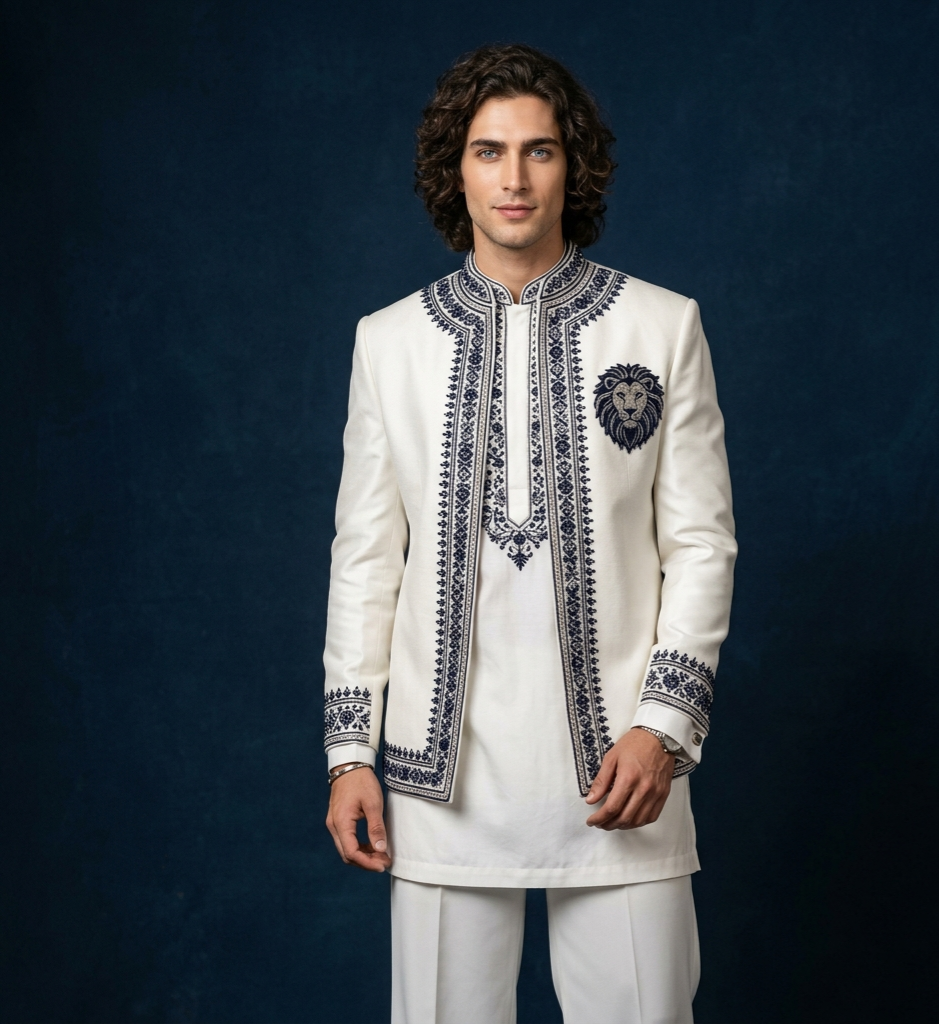 Luxury Ivory Kurta Jacket Set for Men | Lion Crest Embroidered Wedding Outfit | P&H BY PRIYANSHU