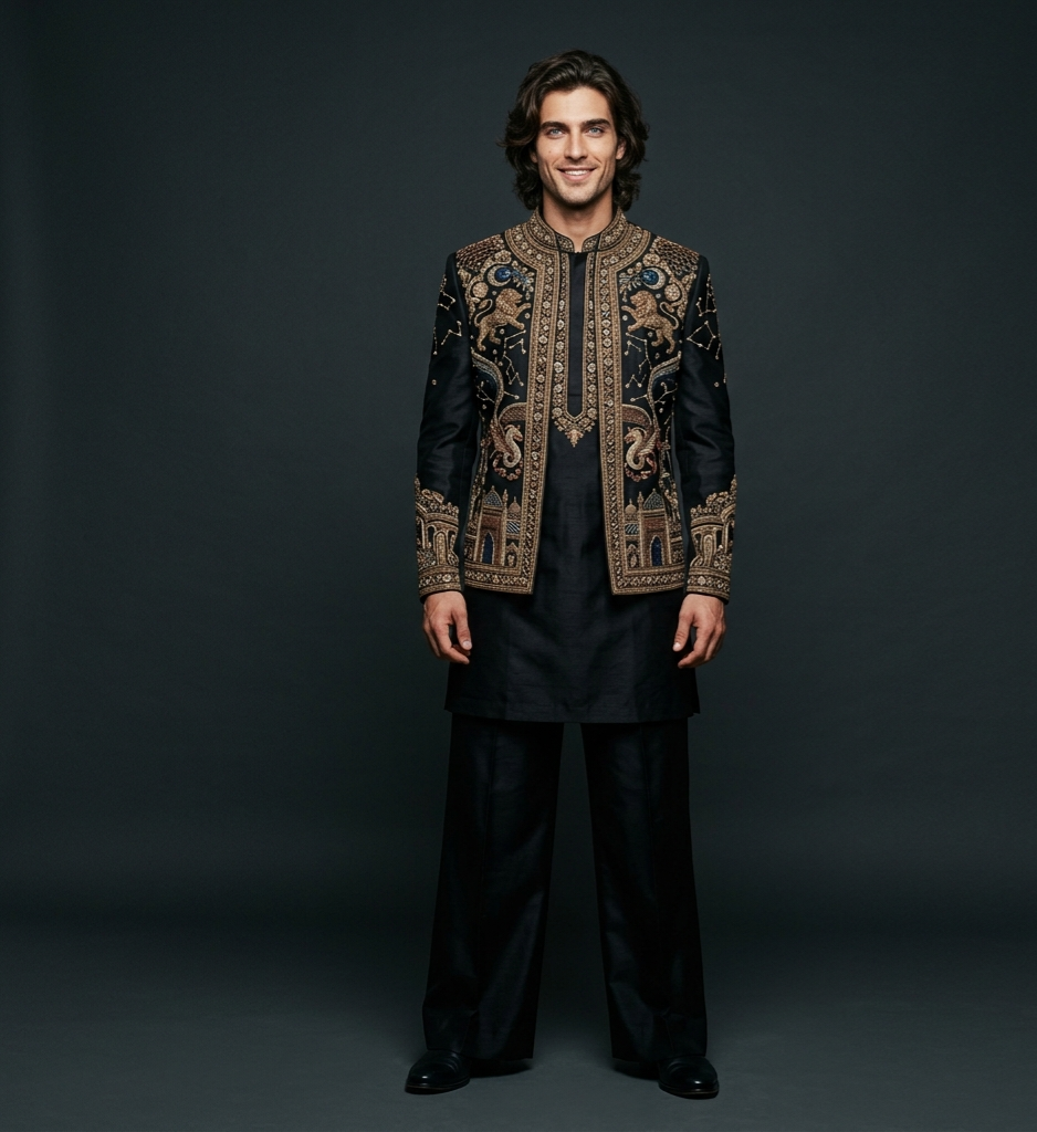 Luxury Black Embroidered Kurta Jacket Set for Men | Designer Wedding Wear | P&H BY PRIYANSHU