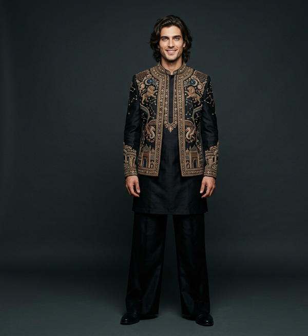 Luxury Black Embroidered Kurta Jacket Set for Men | Designer Wedding Wear | P&H BY PRIYANSHU