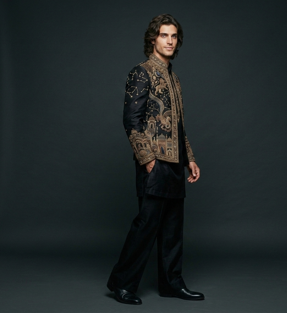 Luxury Black Embroidered Kurta Jacket Set for Men | Designer Wedding Wear | P&H BY PRIYANSHU