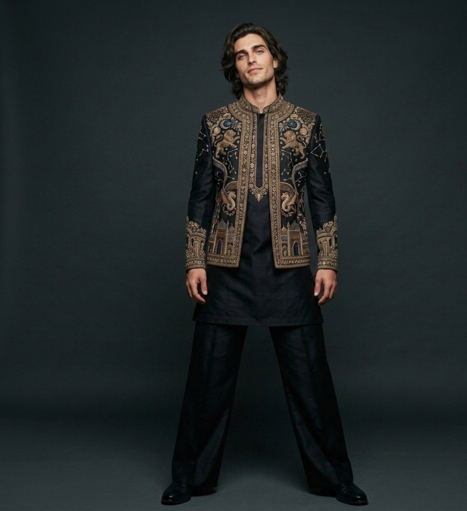 Luxury Black Embroidered Kurta Jacket Set for Men | Designer Wedding Wear | P&H BY PRIYANSHU