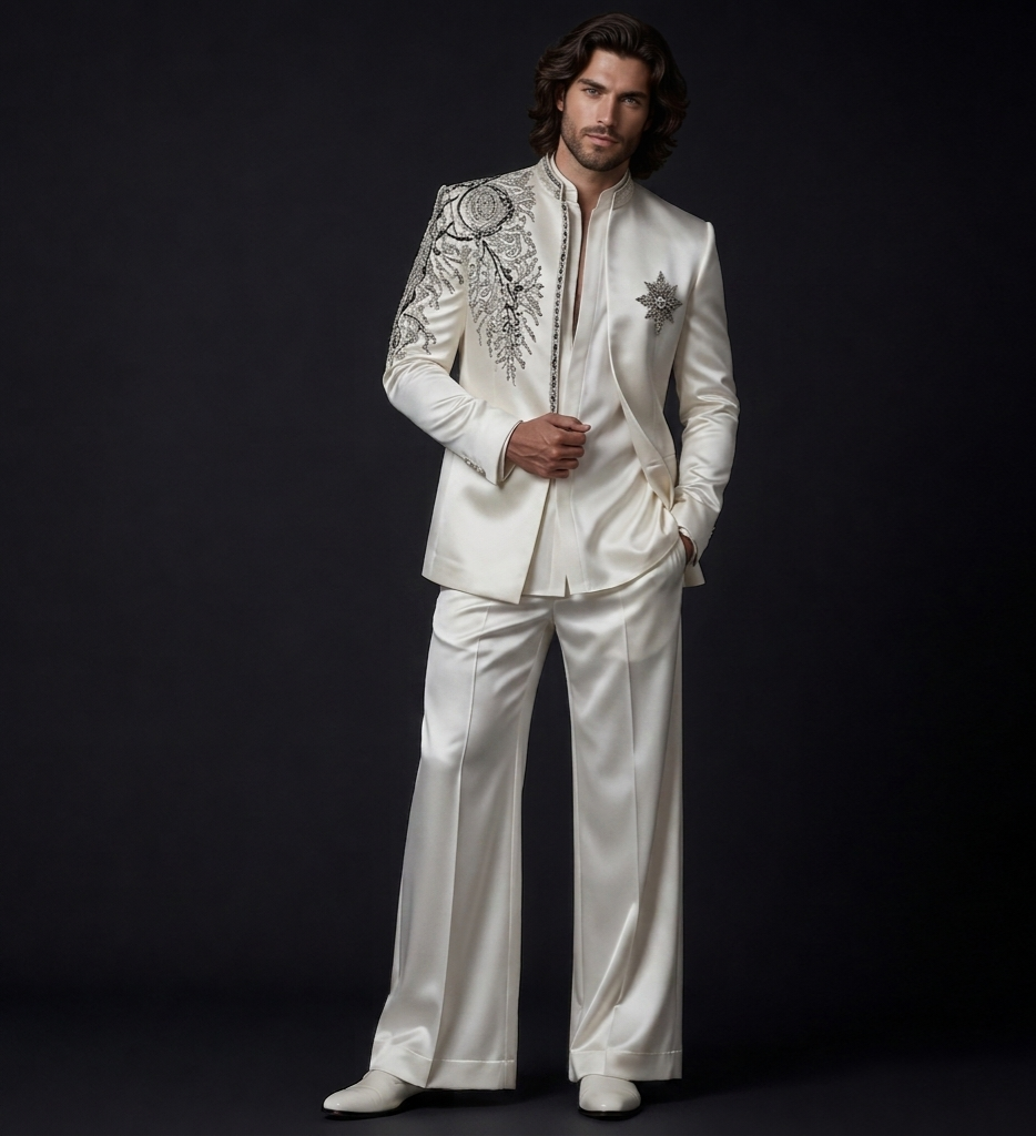Man wearing an ornate white suit with intricate patterns on a black background