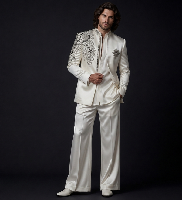 Man wearing an ornate white suit with intricate patterns on a black background