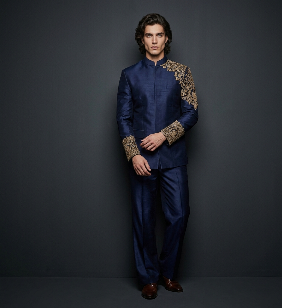 Luxury Midnight Blue Jodhpuri Suit for Men | Hand Embroidered Designer Wedding Suit | P&H BY PRIYANSHU