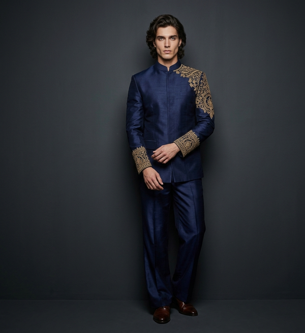 Luxury Midnight Blue Jodhpuri Suit for Men | Hand Embroidered Designer Wedding Suit | P&H BY PRIYANSHU