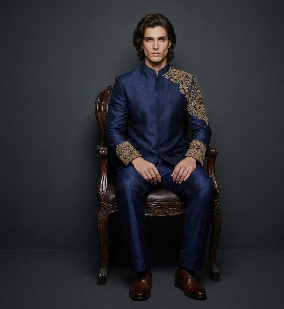 Luxury Midnight Blue Jodhpuri Suit for Men | Hand Embroidered Designer Wedding Suit | P&H BY PRIYANSHU