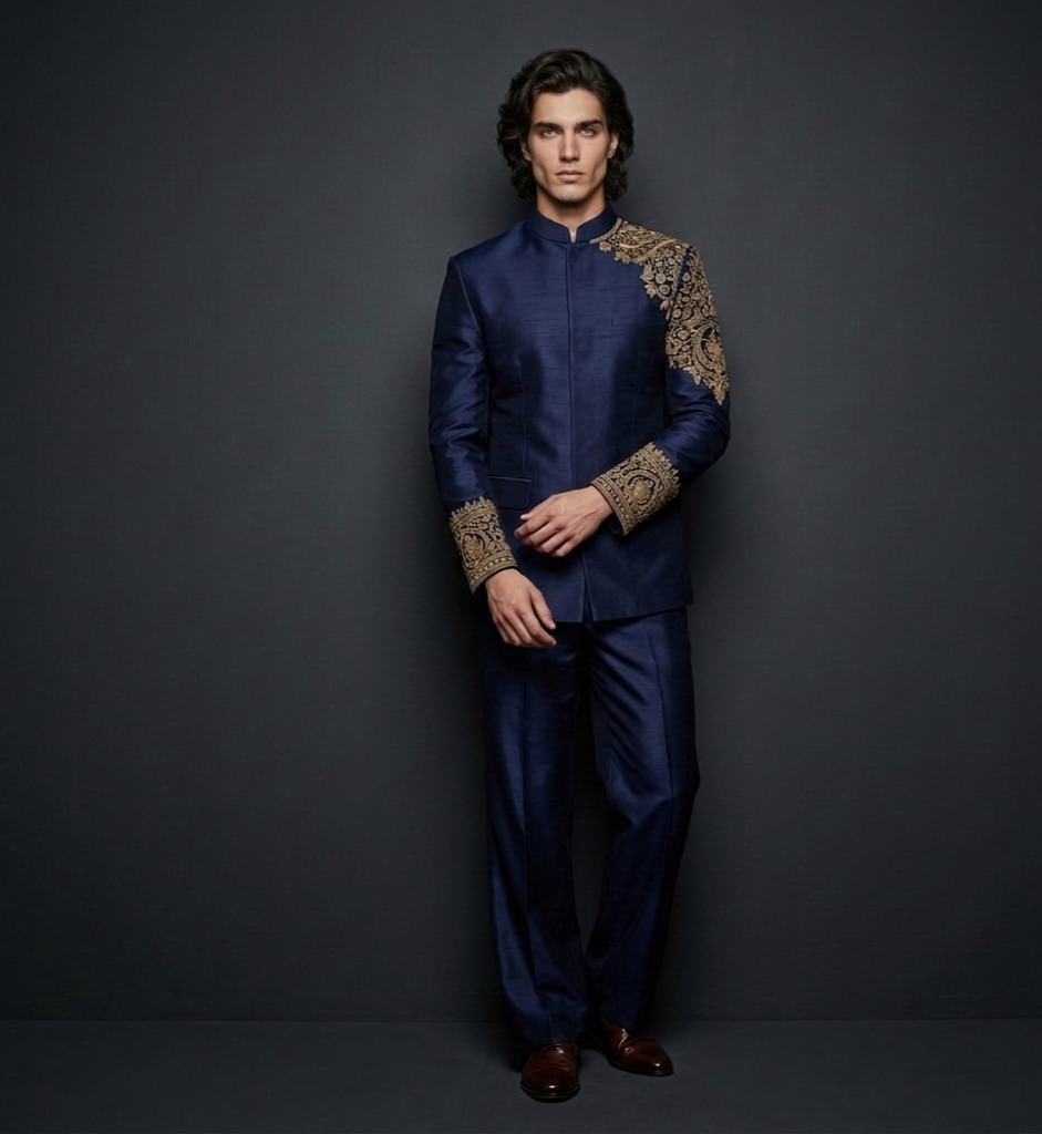 Luxury Midnight Blue Jodhpuri Suit for Men | Hand Embroidered Designer Wedding Suit | P&H BY PRIYANSHU