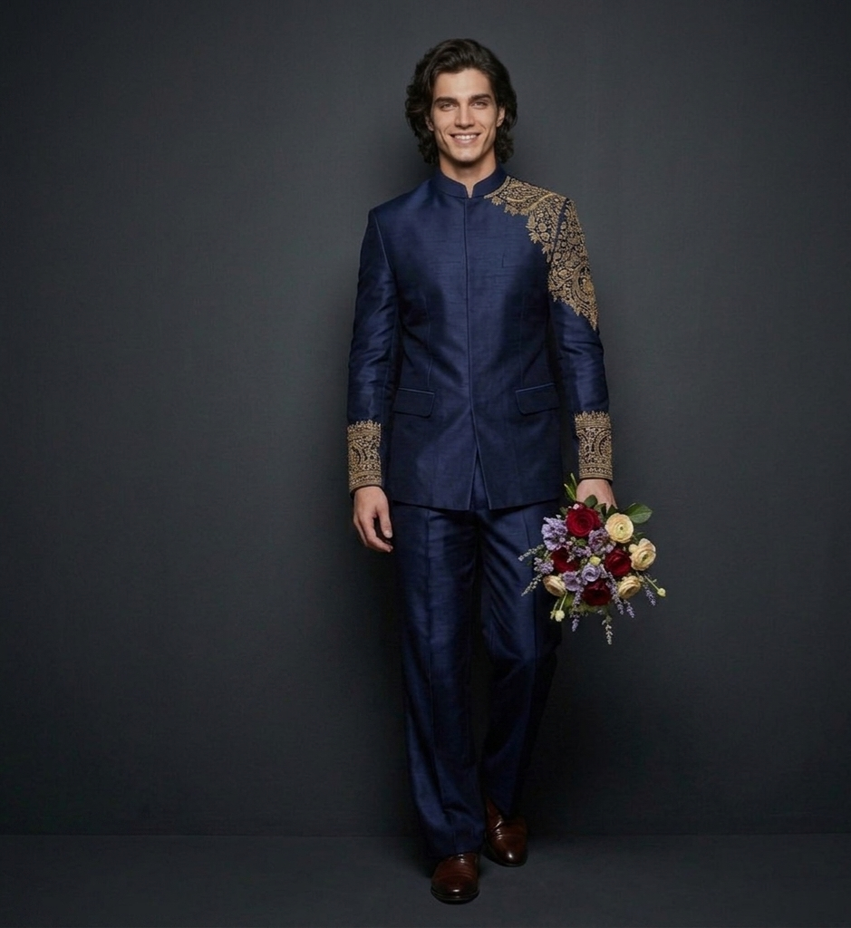 Luxury Midnight Blue Jodhpuri Suit for Men | Hand Embroidered Designer Wedding Suit | P&H BY PRIYANSHU