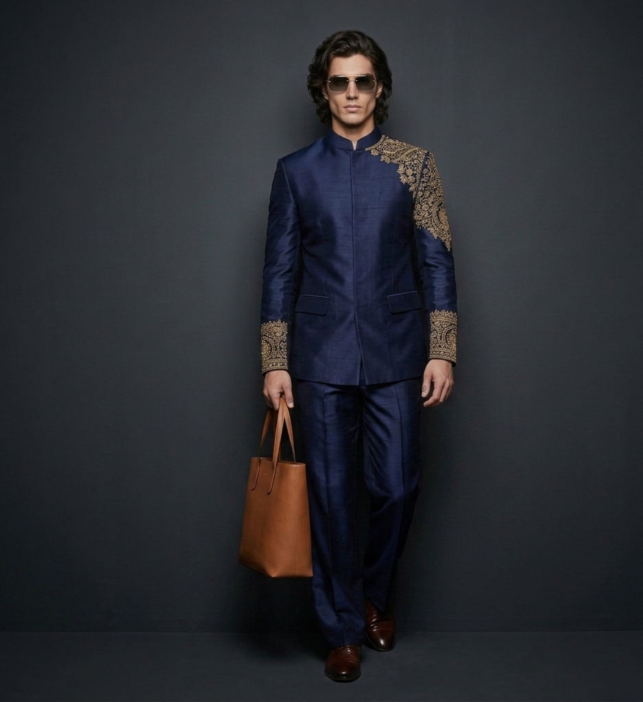 Luxury Midnight Blue Jodhpuri Suit for Men | Hand Embroidered Designer Wedding Suit | P&H BY PRIYANSHU