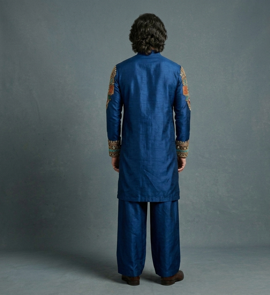 Luxury Royal Indigo Silk Kurta Set for Men | Hand Embroidered Tribal Designer Kurta | P&H BY PRIYANSHU