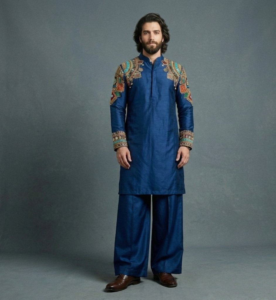 Luxury Royal Indigo Silk Kurta Set for Men | Hand Embroidered Tribal Designer Kurta | P&H BY PRIYANSHU