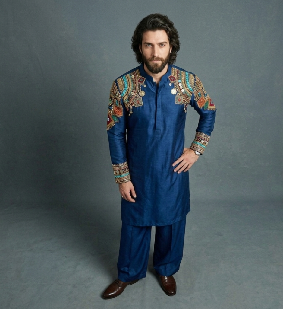 Luxury Royal Indigo Silk Kurta Set for Men | Hand Embroidered Tribal Designer Kurta | P&H BY PRIYANSHU