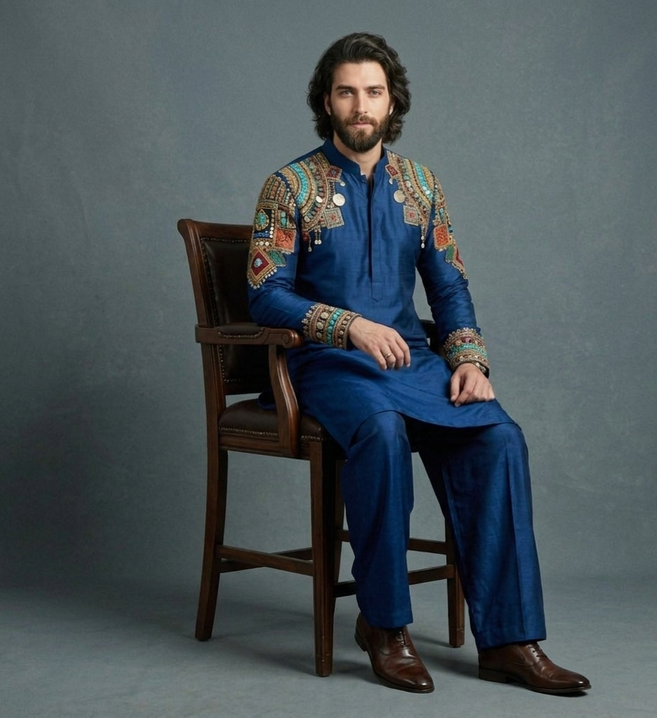 Luxury Royal Indigo Silk Kurta Set for Men | Hand Embroidered Tribal Designer Kurta | P&H BY PRIYANSHU
