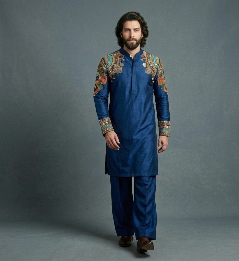 Luxury Royal Indigo Silk Kurta Set for Men | Hand Embroidered Tribal Designer Kurta | P&H BY PRIYANSHU