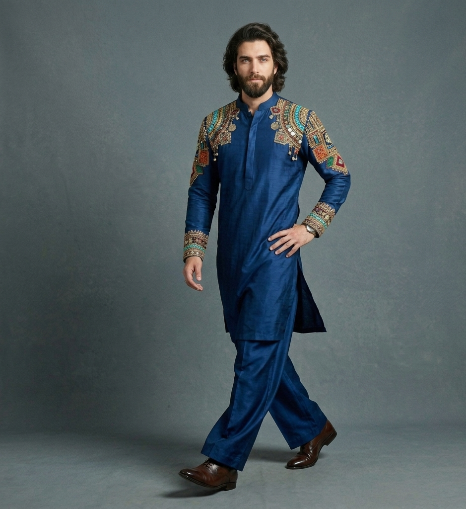 Luxury Royal Indigo Silk Kurta Set for Men | Hand Embroidered Tribal Designer Kurta | P&H BY PRIYANSHU