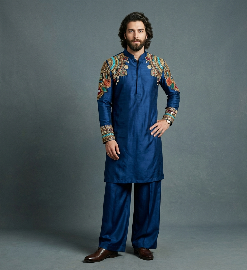 Man wearing a blue embroidered traditional kurta outfit on a gray background