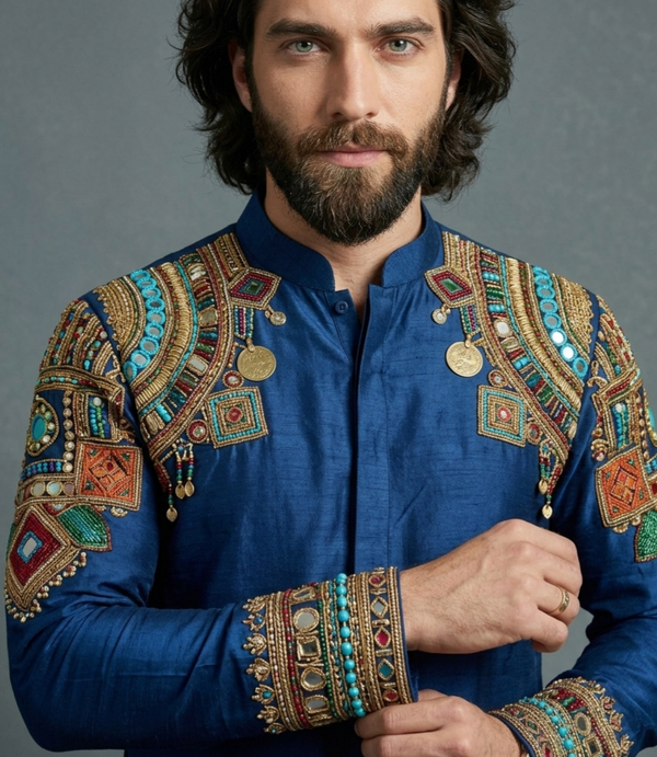 Luxury Royal Indigo Silk Kurta Set for Men | Hand Embroidered Tribal Designer Kurta | P&H BY PRIYANSHU