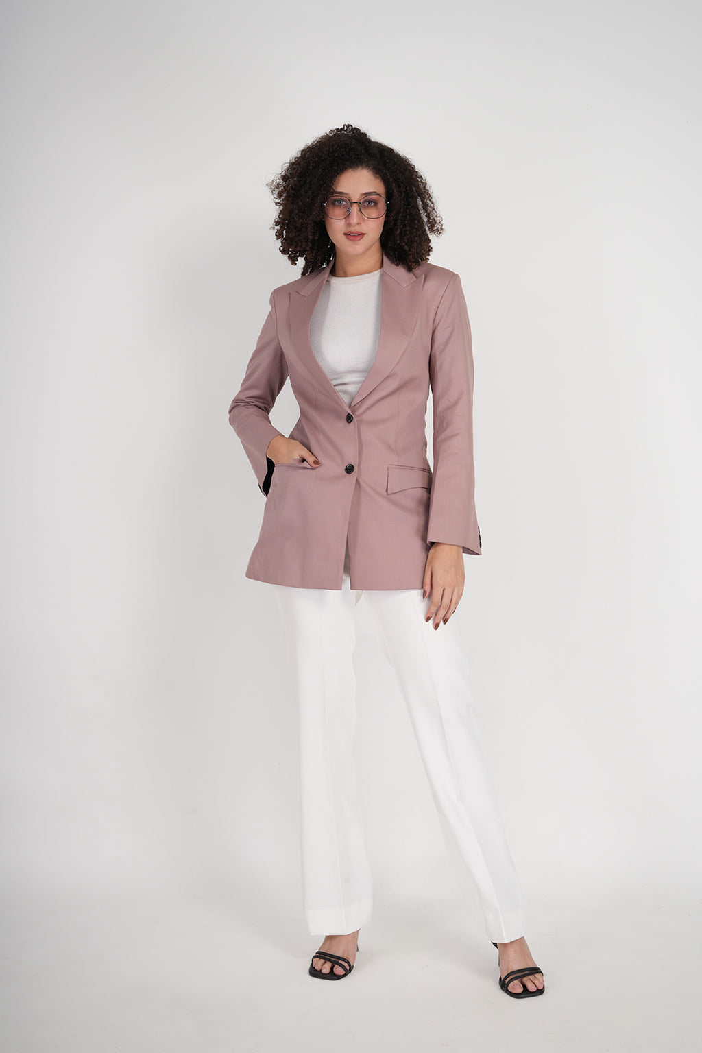 Luxury Pastel Pink Blazer & White Bootcut Pant Set for Women | Designer Office & Formal Wear by P&H by Priyanshu
