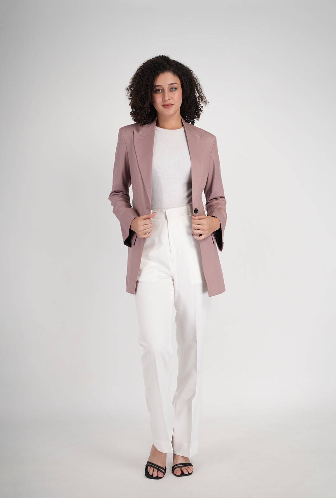 Luxury Pastel Pink Blazer & White Bootcut Pant Set for Women | Designer Office & Formal Wear by P&H by Priyanshu