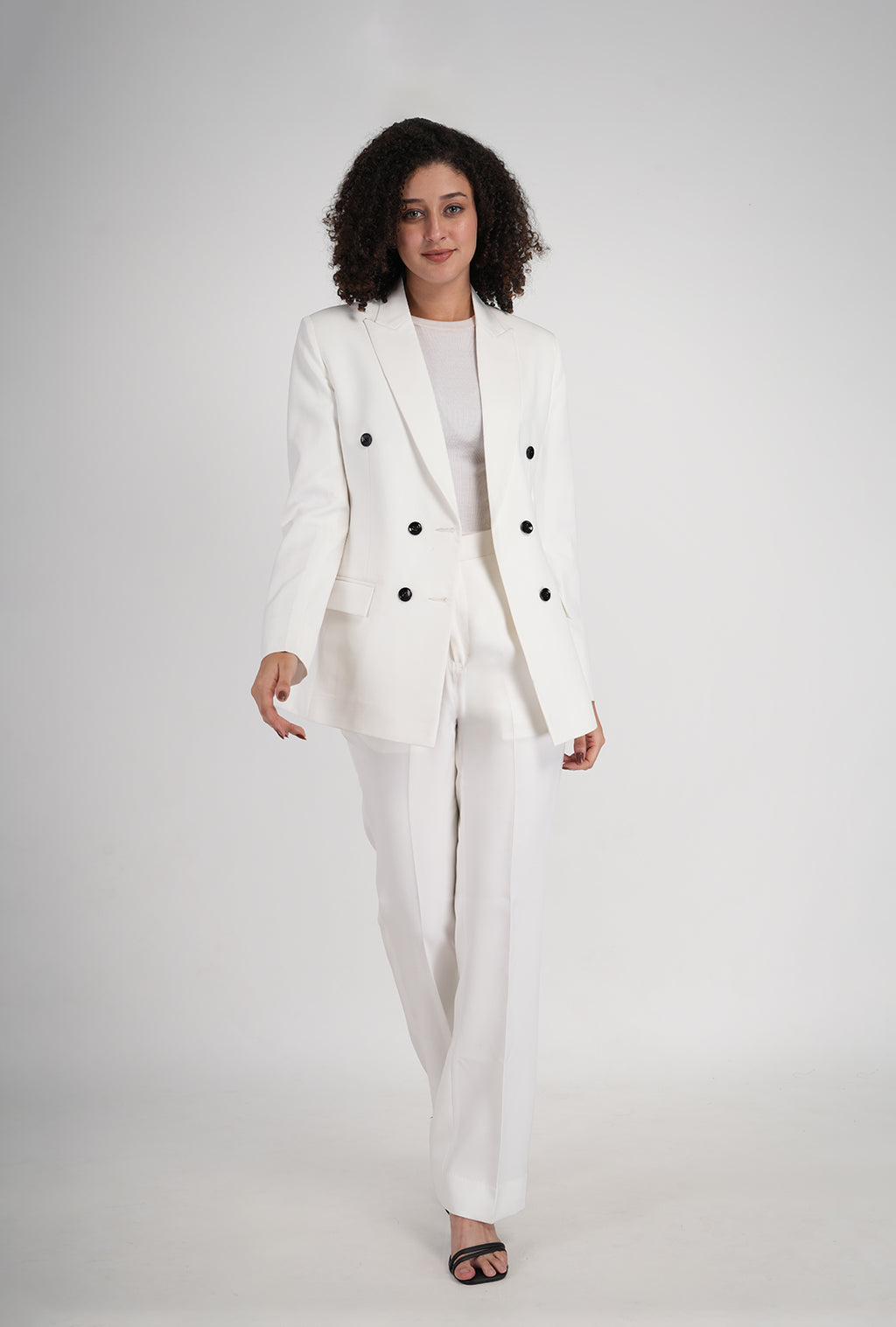 Luxury White Double-Breasted Suit with Black Buttons & White Bootcut Pant | Designer Women’s Formalwear by P&H by Priyanshu